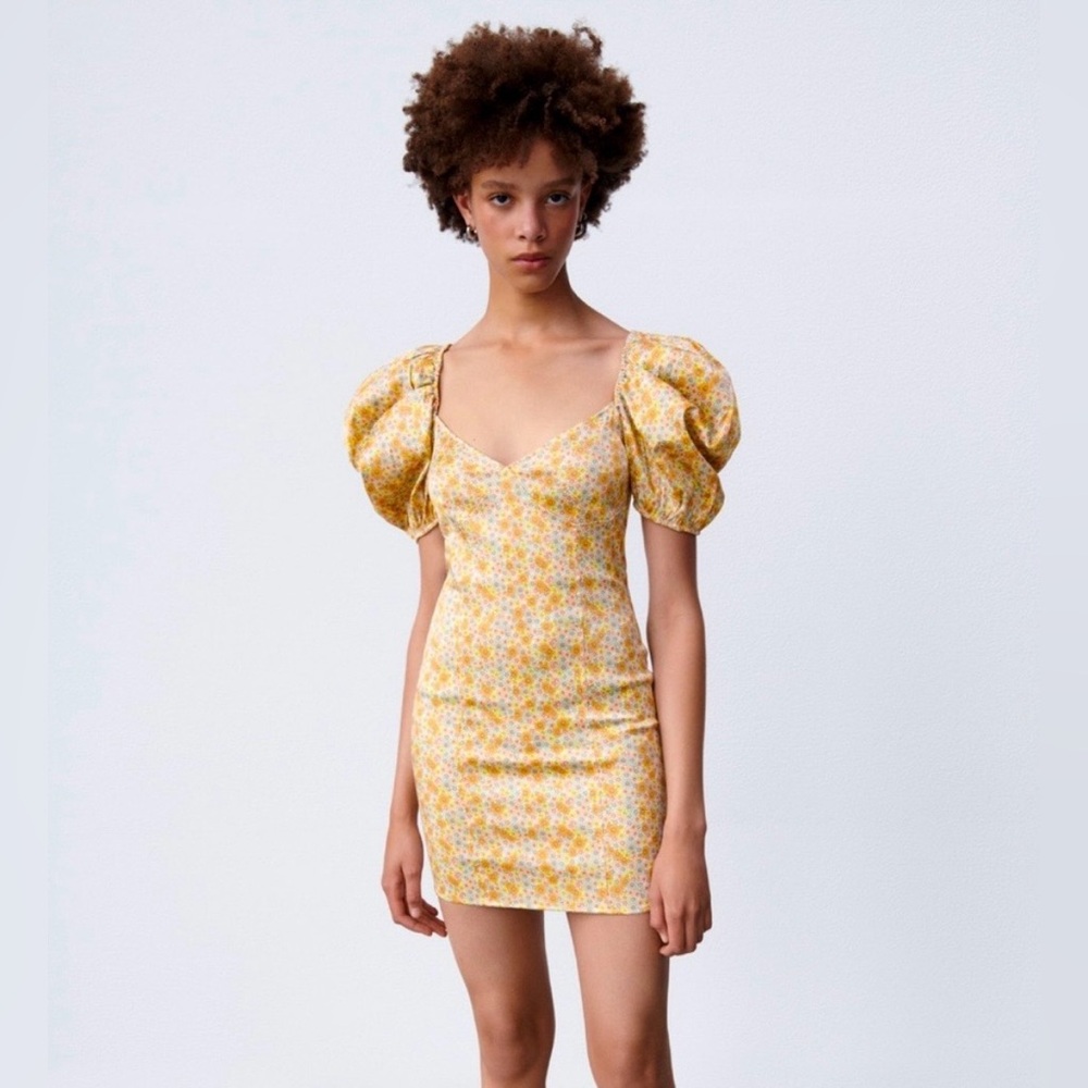 Zara Satin Effect Floral Printed Puff Sleeve Mini Dress Sz Medium - Picture 3 of 12